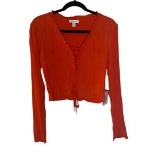 Topshop Crinkle Ruched Lace Long Sleeve Top - Clementine Orange Size 6